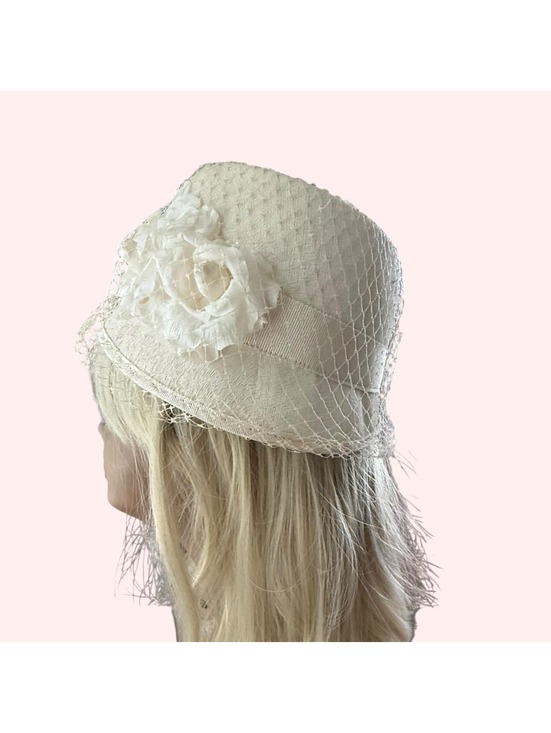 Accessories - Vintage Styled by Cinderella 1960s White Felt Cloche with a Veil, Flower and Bow